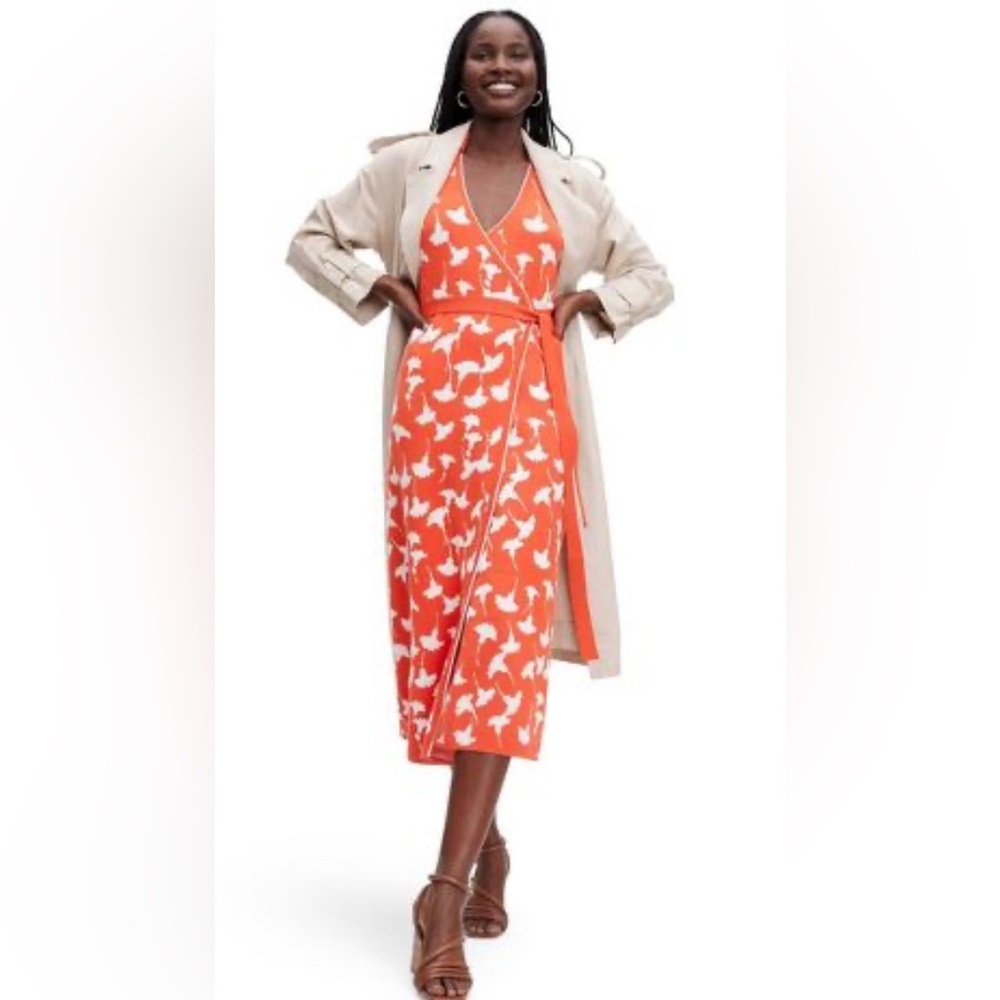 DVF Women's Collared Sleeveless Ginkgo Cherry Tomato Sweaterknit Midi Wrap Dress